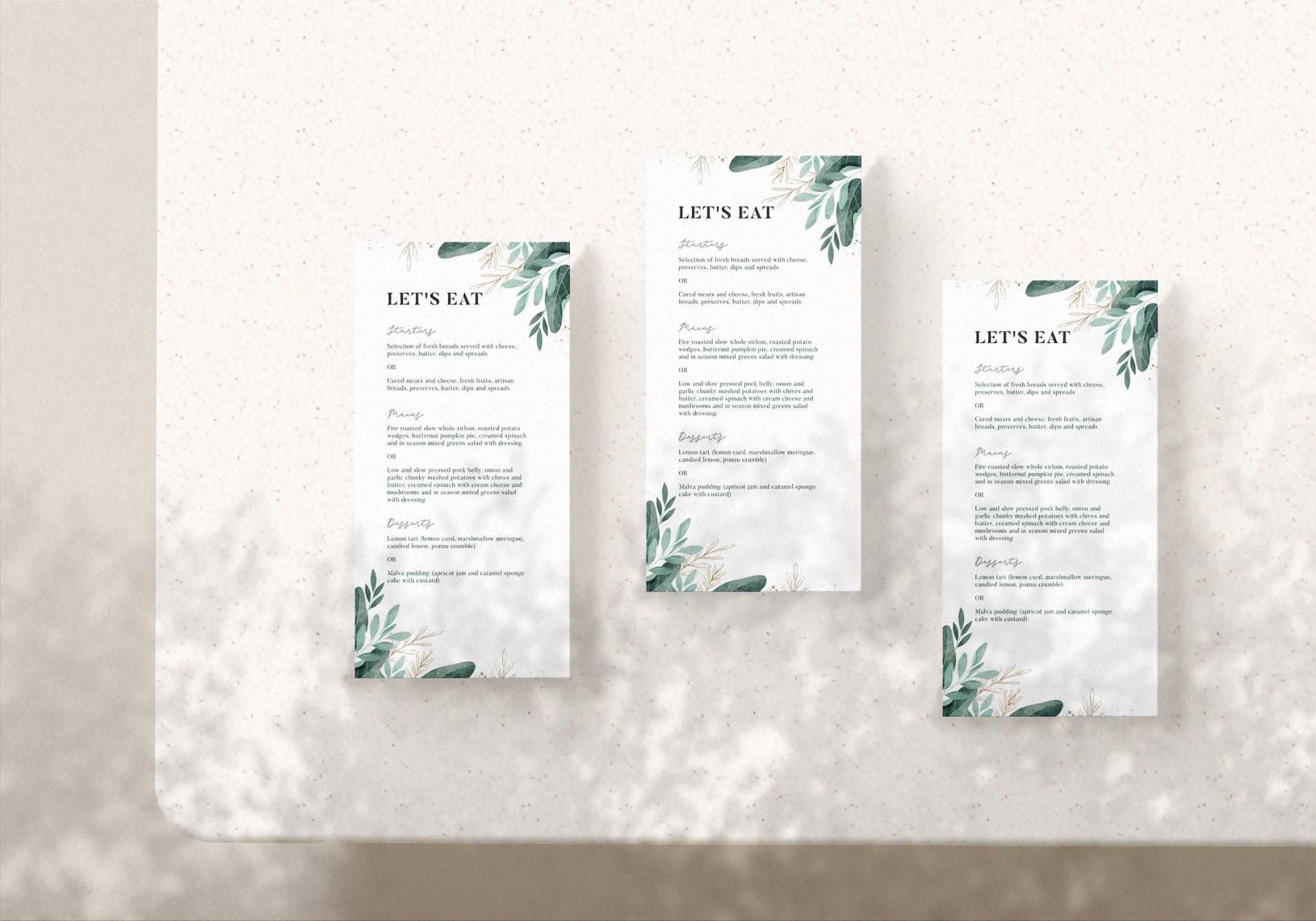 Three botanical wedding menu cards