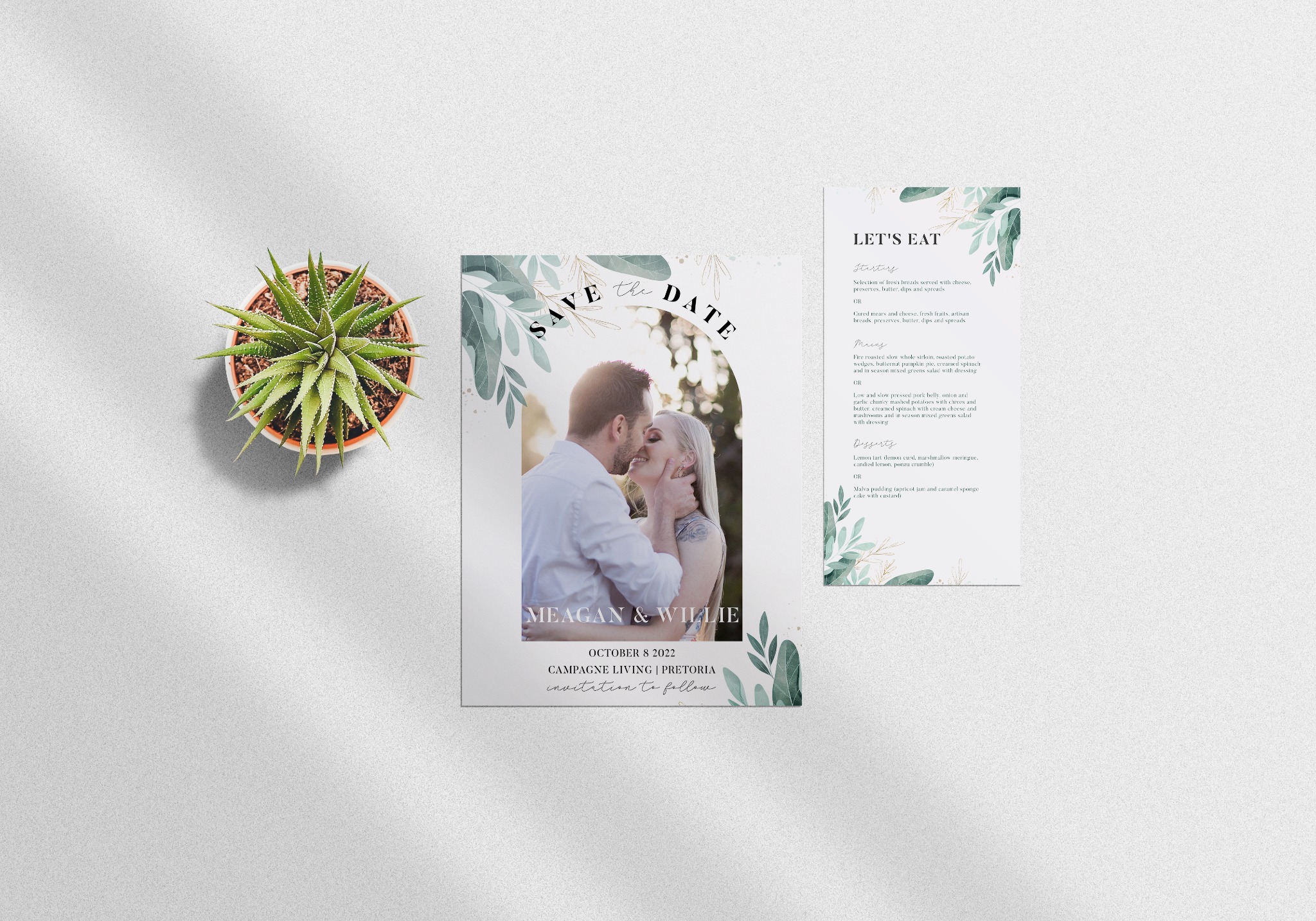 Wedding save-the-date and menu with botanical artwork